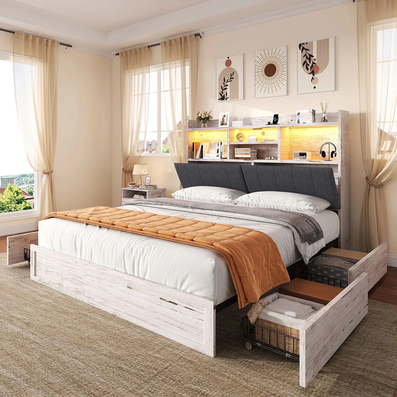 [SummerSale] AMERLIFE Platform Bed with 4 Storage Drawers, LED Bed Frame with Bookcase Headboard, Linen Upholstered, Charging Station & Hidden Storage Area