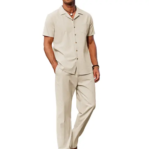 COOFANDY Men 2 Pack Linen Outfit Beach Button Down Shirt Casual Loose Pant Overalls Sets Cotton Fabric Menswear Shortsleeve Breathable Classic Collar Elastic Matching Relaxed Fit Suits Stylish Soft