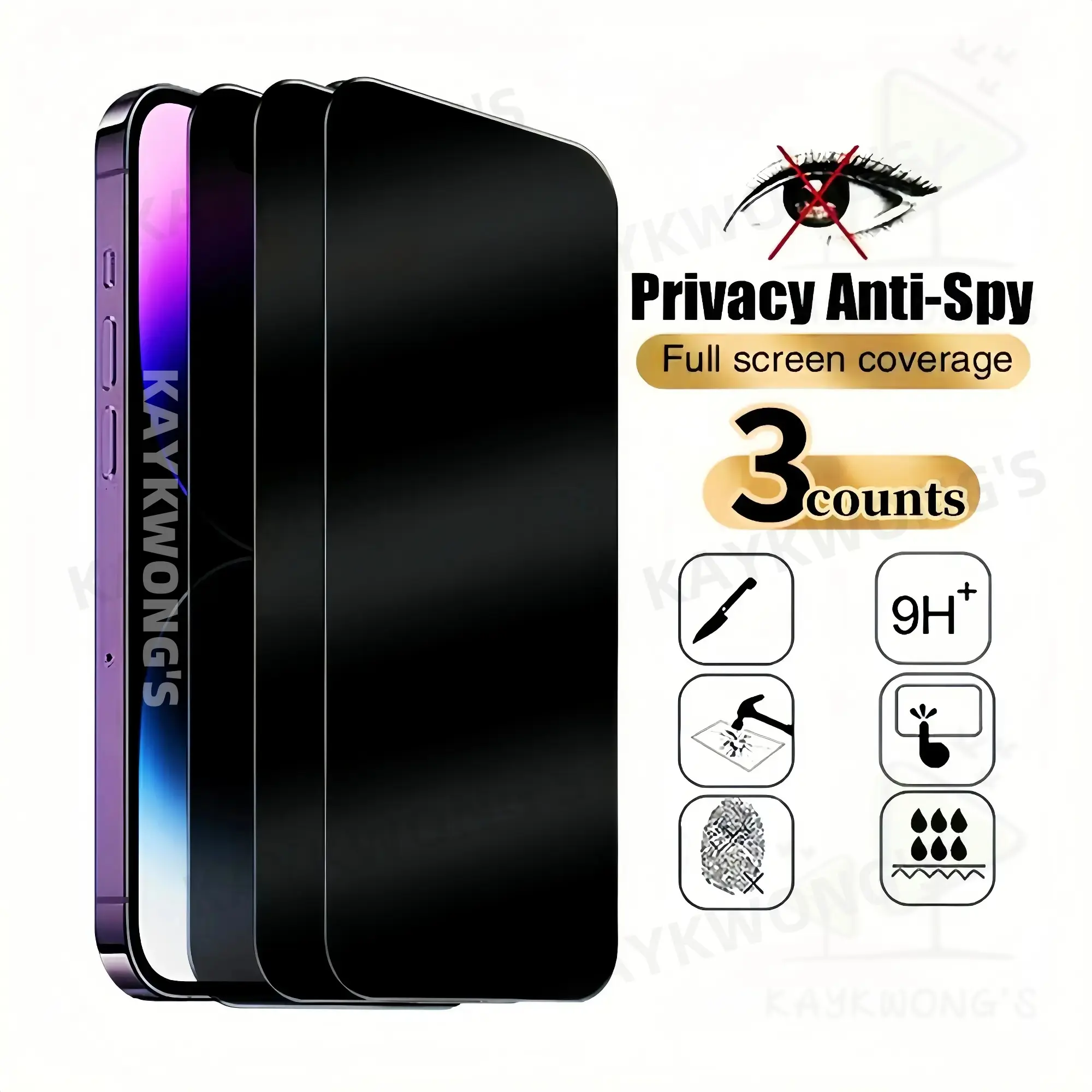 KAYKWONG'S Safety Anti-Spy Tempered Glass Protective Smartphone Screen Protector, Cover, Privacy Screen Guard, 3 Counts HD Privacy Protection Phone Screen Film Compatible with iPhone 6/7/8/XR/11/12/13/14/15 Pro Max/Air Series Accessories