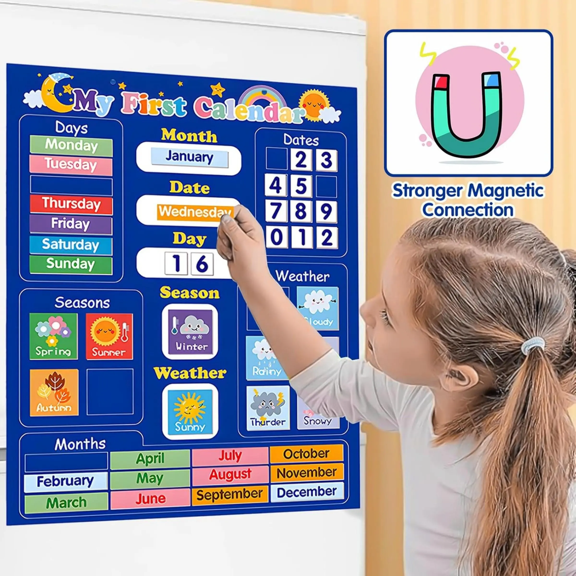 Magnetic Learning Calendar for Kids, Student Calendar, Blue Color with Hanging Ring, Teach Weather, Dates, Months, Weeks, Seasons, Classroom Wall Decor, Monthly Planner Magnet, Wall Calendars