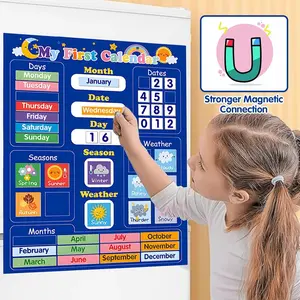 Magnetic Learning Calendar for Kids, Blue Color with Hanging Ring, Teach Weather, Dates, Months, Weeks, Seasons, Classroom Wall Decor, Monthly Planner Magnet