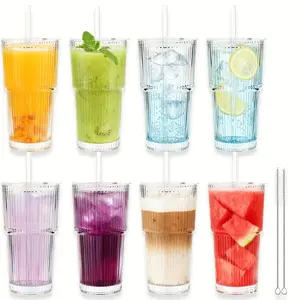 20oz Ribbed Glass Cup Set 6/8Pack - Thickened Tumblers with Lids & Straws for Cocktails, Coffee & Smoothies