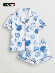 Summer Ocean Theme Shell Print Pajamas, Blue Shell Print Matching Sleepwear Set, Casual Short Sleeve Shorts Set, Versatile Home Wear Loungewear, Homewear