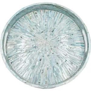 12.6” Mother of Pearl Round Serving Tray with Handles, Decorative Nacred Wooden Ottoman Coffee Table Tray (Teal Sunlight)