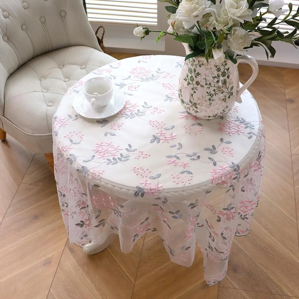 Floral Embroidery Lace Tablecloth, Round Tablecloth with Lace Trim, Decorative Tablecloth for Home Living Room Dining Room Table Setting