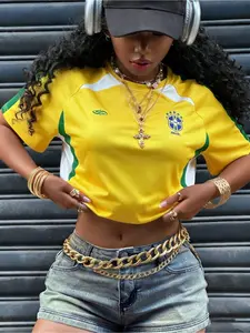 Women's Brazil Printed T-Shirt, Retro 90s Soccer Jersey Inspired, Stylish Jersey, Color Block Patchwork Design, Quick-Dry Fabric, Y2K Aesthetic Style, Suitable for Daily Casual Outings and Sports Fan Gatherings