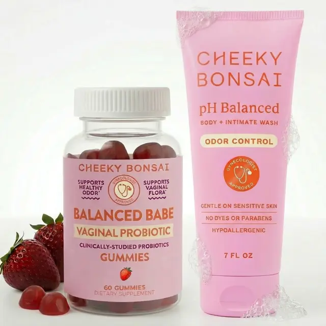 Cheeky Bonsai Fresh Kitty Kit, Feminine Care Bundle with Probiotic Gummies & pH Balanced Wash for Daily Odor Control & pH Balance, Strawberry & Papaya