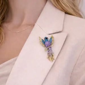 Hummingbird Brooch, Colorful Bird Pin, Statement Brooch, Crystal Bird Jewelry, Elegant Brooch for Coat, Gift for Her