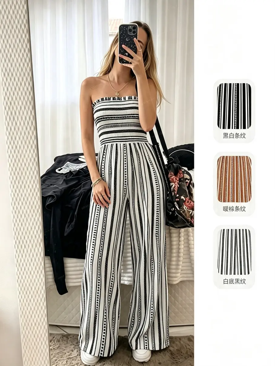 Spring Summer Women Strapless Jumpsuit Striped Design Straight Leg Trousers Ideal for Office Commuting Casual Outings Vacation Chic Women's Jumpsuit for Fashionable Everyday Wear