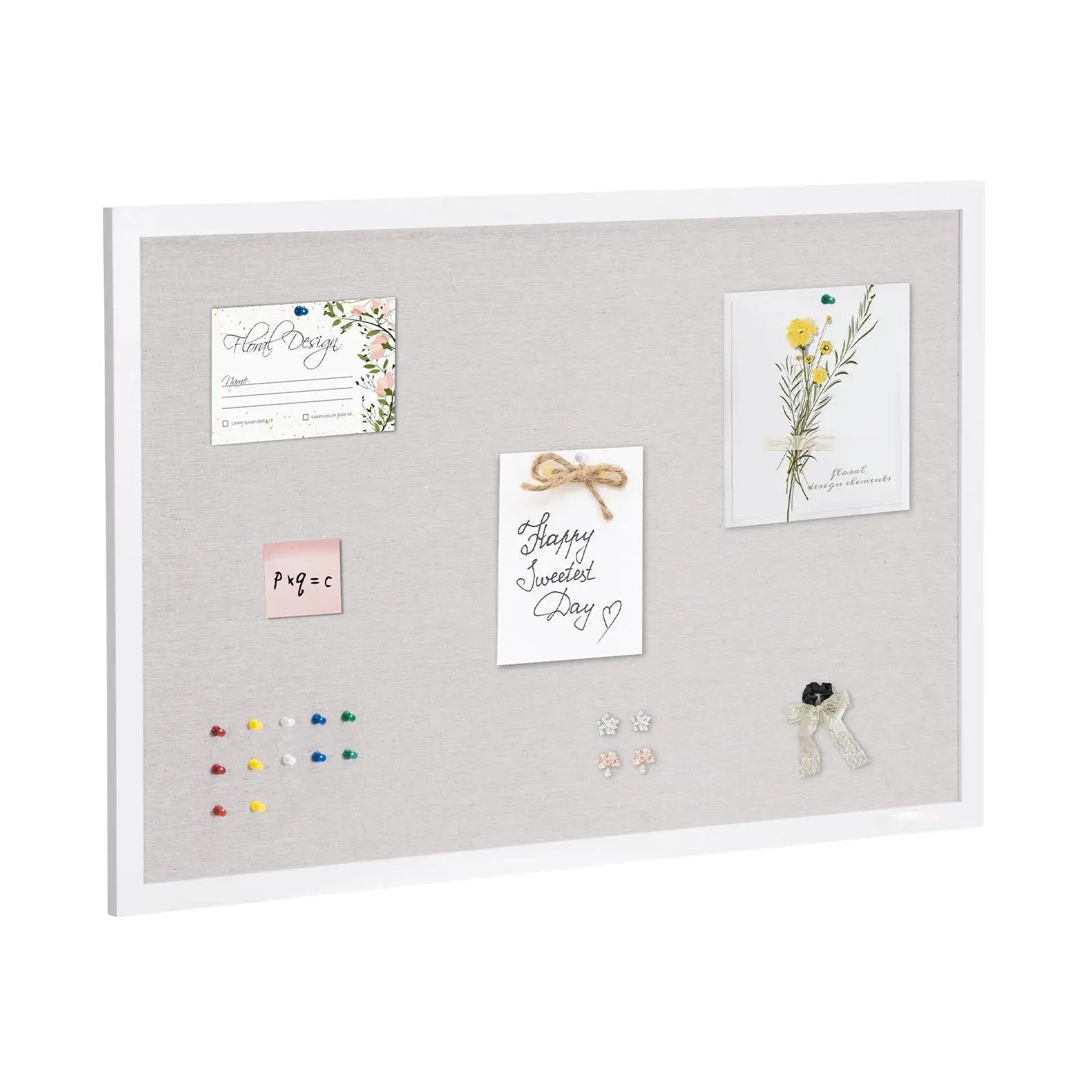 36” x 24” White Linen Surface Cork Board, Wall-Mounted Large Bulletin Board with 7mm Thick Fiberboard Core, Smooth White MDF Frame & Round Safe Corners, Complete Push Pins & Mounting Kit, Stylish Functional Notice Board for Home, Office & School