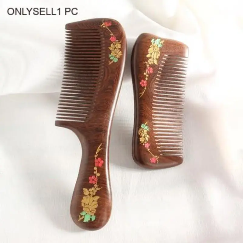 Natural Sandalwood Hair Comb, Fine-Tooth Anti-Static Brush, Vintage Hand-Painted Design, Home Salon Travel Essential, Wooden Comb, Hair Styling Tools, 1pc/2pcs