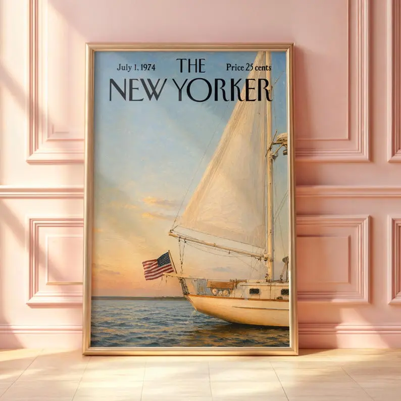 Vintage New Yorker Sailboat Poster, Classic Yacht Wall Art, Nautical Sunset Print, Coastal Magazine Cover, Ocean Sailing Decor