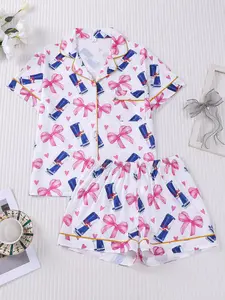 2-Piece Women's Bow & Heart Pattern Loungewear Set, Short Sleeve Top & Shorts with Pockets, Elastic Waist, All-Season Soft Skin-Friendly Pajamas