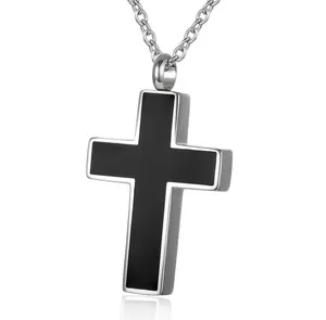 Stainless Steel Cremation Keepsake Black & Silver Cross Pendant Necklace