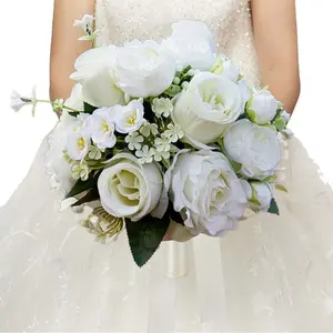 Wedding Bouquets for Bride Bridesmaid Bouquet Champagne White Artificial Roses Flowers for Wedding Valentine's Day Church Home Decoration