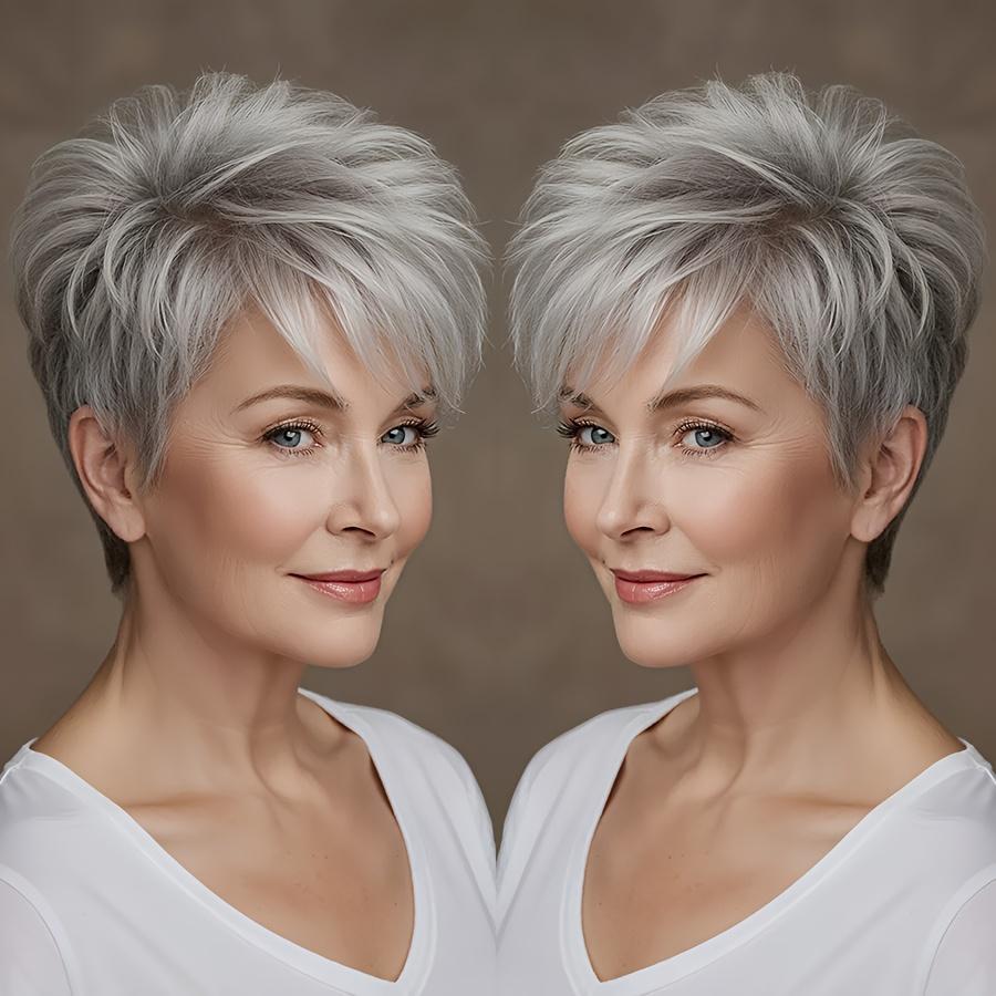 150% Density Brazilian Remy Human Hair Wig, Short Straight Layered Grey Salt & Pepper Glueless Wig for Women, Natural Look Rose Net Cap, Secure Fit for Daily Party & Mother's Day Gift