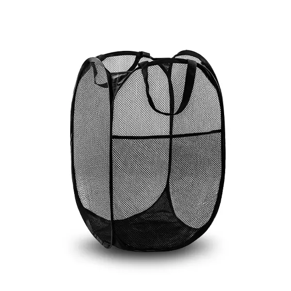 Roomsy Handy Collapsible Mesh Pop Up Laundry Basket - Wide Opening, Side Pocket, Breathable, Sturdy, Space-Saving for Clothes Storage (Black)