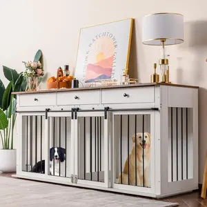 Sunseen Dog Crate Furniture Large Breed Wooden Dog Kennel with Room Divider, 3 Drawers, Double Doors, 72''W x 24''D x 35''H, White