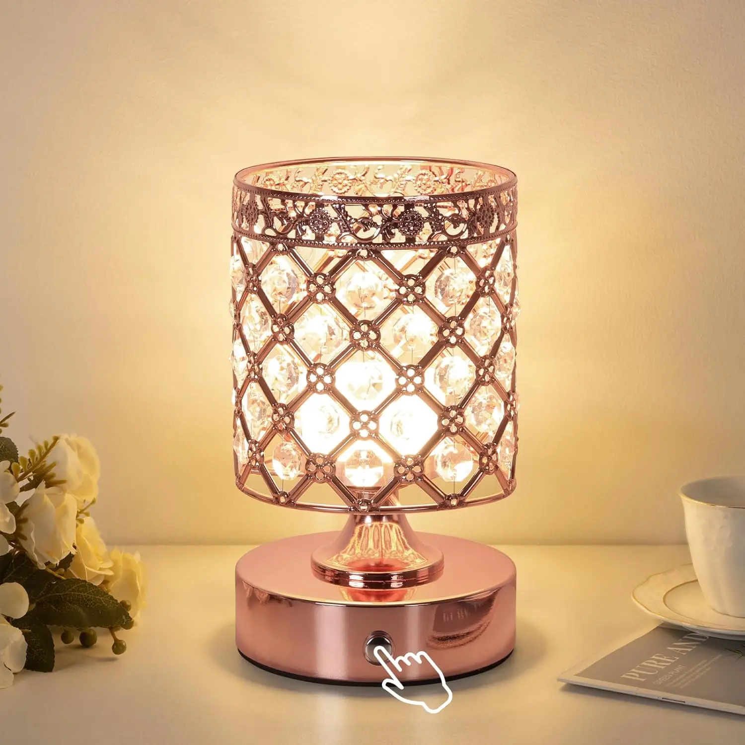 Mini Crystal Touch Control Table Lamp, Bedside Touch Desk Lamp 3000K-4500K-6000K, Stepless Dimmable LED Night Light, Decorative Night Light