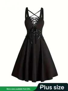 [Plus Size] Gothic Lace Up Grommet Eyelet Tie Front A Line Fit Dress, Soft Solid Jersey High Waist Buckle Belted Sleeveless Short Dress for Party Club Dating Wear, Women's Plus Clothing for Summer, Dresses for Women, Womenswear, Plus Size Formal Dress