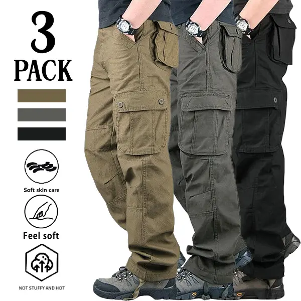 Men’s 3-Pack Cargo Pants – Khaki, Dark Gray & Black, Multi-Pocket, Loose Fit, Durable, Casual Long Pants for Daily Outings