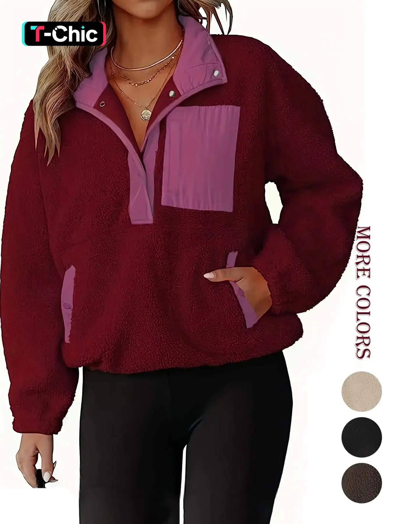 Women's Patchwork Print Half-Button Pocket Fuzzy Fitted Fashion Casual Sweatshirt Tops, Aesthetic Casual Drop-Shoulder Long Sleeve Stand Collar Pullover for Fall & Winter, Women's Clothes for Daily Wear, Lady Womenswear