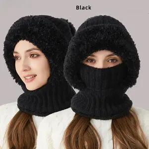 Winter Warm Faux Wool Knitted Hat with Windproof Design Ear Flaps Hooded Neck Gaiter Essential for Outdoor Mountaineering Camping and Cycling cap