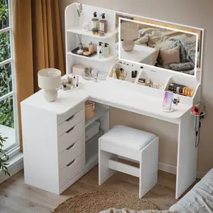L-Shaped Vanity Set with LED Mirror, Power Outlet, Makeup Vanity Desk with 2 Shelves, 5 Drawers & 1 Seat, Dressing Table for Bedroom Girls Women, White