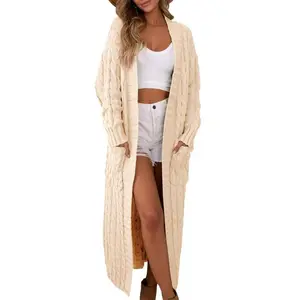 Women’s Open-Front Long Cardigan, Oversized Long Sleeves, Loose Cable Knit Chunky Fall Sweater Coat with Pockets