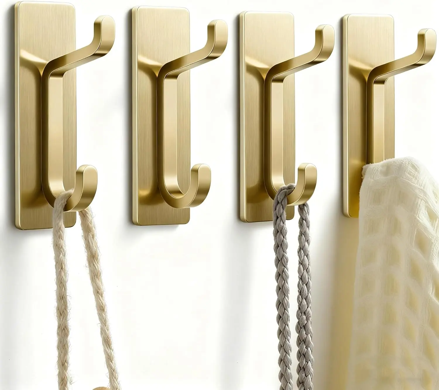 4-Pack Heavy-Duty Gold Stainless Steel Sticky Back Hooks, 10 lb Capacity Strong Hold Hooks for Bathroom Towels, Kitchen, Home Organization