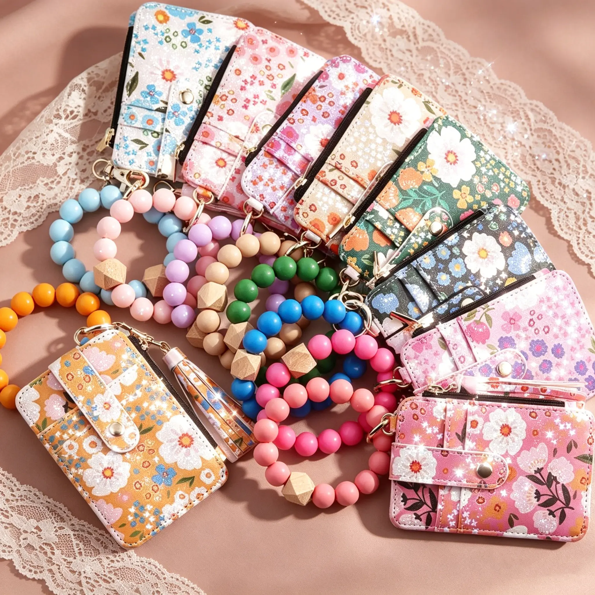 Bohemian Floral Beaded Key Wristlet - Keychains with Flower Pattern Pendant, Compact Wallet Charm, Stylish Phone Strap Charm, Fall Fashion Gift for Girlfriend