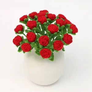 Handmade Crochet Rose Flower with Ceramic Pot, Perfect for Office Bedroom Decoration, Ideal Gift for Mother's Day Valentine's Birthday