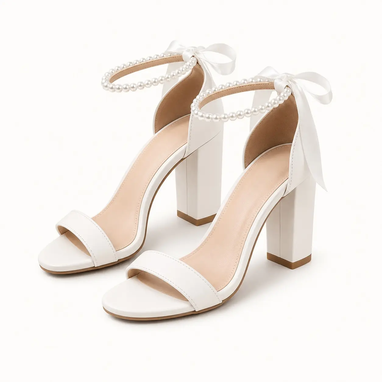 Geeyea women’s White Pearl Ankle Strap High Heel Sandals, Open Toe Block Heel Dress Sandals with Bow Tie Detail, PU Upper & PVC Sole, Elegant Wedding, Party, Date Night & Spring Summer Shoes