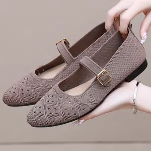 Women's Knit Mary Jane Flats - Pointed Toe Breathable Buckle Strap Casual Slip-On Shoes