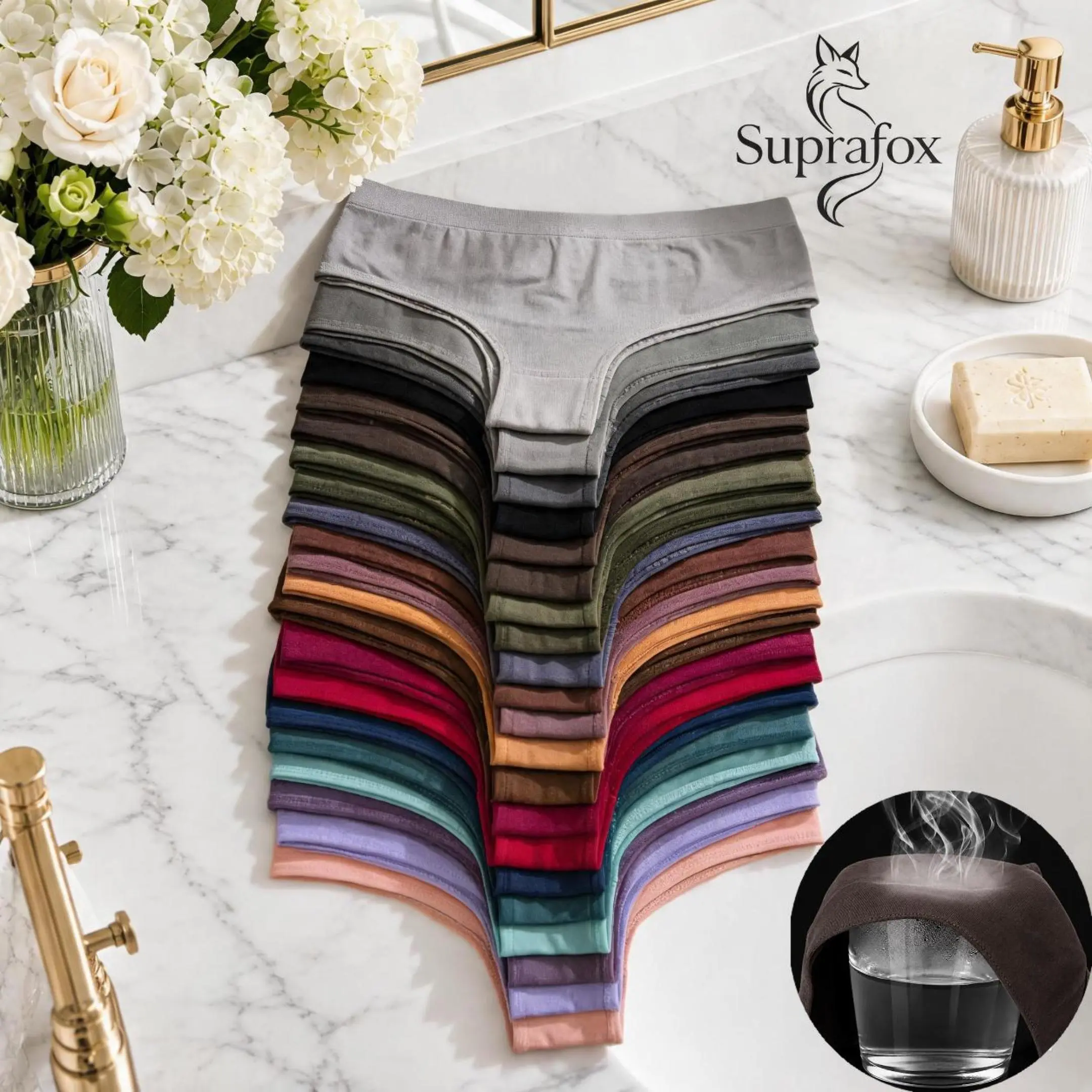 SUPRAFOX Women's Basic Solid Color Drop Waist Comfy Elastic Undergarments - Soft Breathable Panties with Tummy Control, Reusable Bamboo Menstrual Pads Set for Everyday Casual Wear