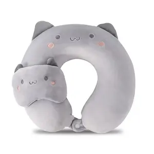 Rumilife Bear U-shaped Pillow & Eye Mask Cat Plush Neck Pillow - Travel Comfort Cushion
