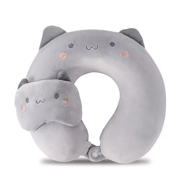 Rumilife Animal Theme Bear U-Shaped Cat Plush Travel Neck Pillow & Eye Mask Set - Sleep Cushion, Neck Pain Relief, Cute Look Textile Bedding Accessory, Travel Neck Pillows