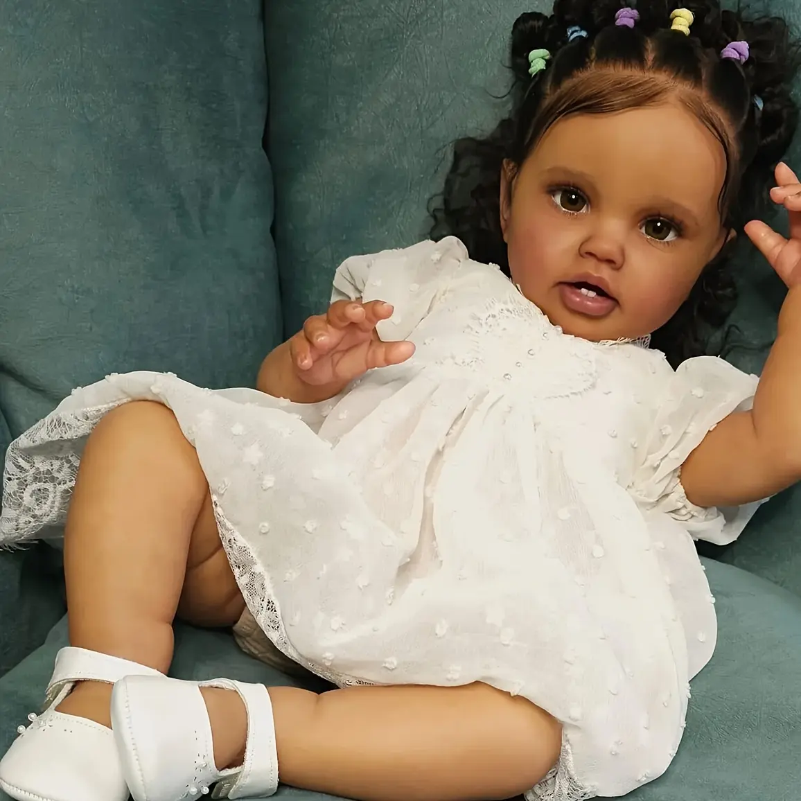 Realistic Black American Reborn Baby Doll with Curly Roots, 2 Realism Teeth - Soft Vinyl Toddler Companion, Soft Stuffed Figure, Complete Accessory Set, Gentle Touch, Handmade Kids Toy for Toddler Little Gifts for Girls (Holiday, Birthday Handmade Gift),