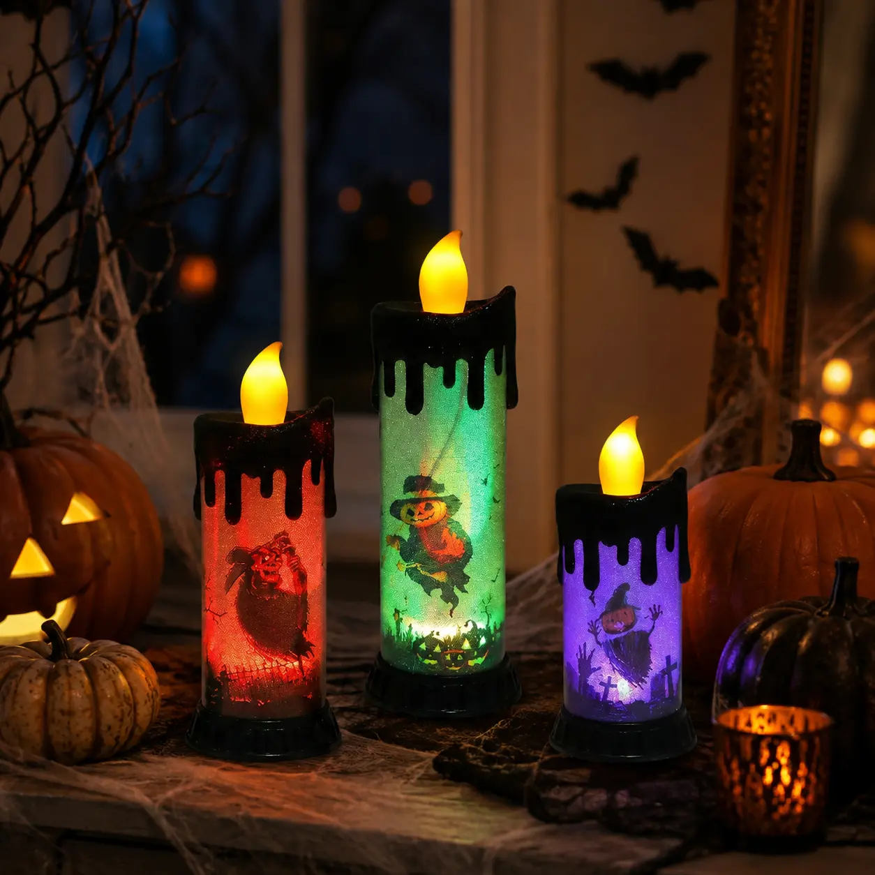 Flameless LED Halloween Candle Set - Battery-Operated 3-Size Flickering Taper Lights, Spooky Pumpkin Witch Decoration for Mantel, Table, Room Decor
