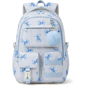Corduroy Backpack for Teen Girls, Aesthetic Cute Blue Bow School Backpack with Multi-Pocket, Lightweight Bookbag Fits 15.6 Inch Laptop, Large Capacity Casual Daypack for School Travel outdoorfun