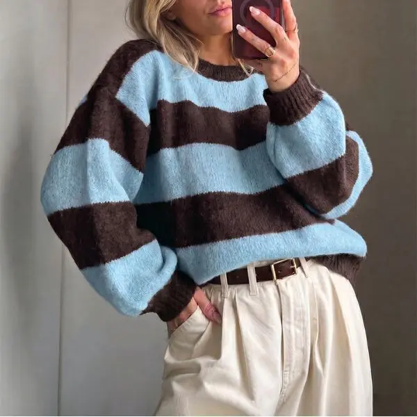 Fisoew Retro Color Block Stripe Sweater, Crew Neck Oversized Balloon Long Sleeve Loose Casual Pullover Top Matching Jeans Pants Fall Winter Casual Layering Top