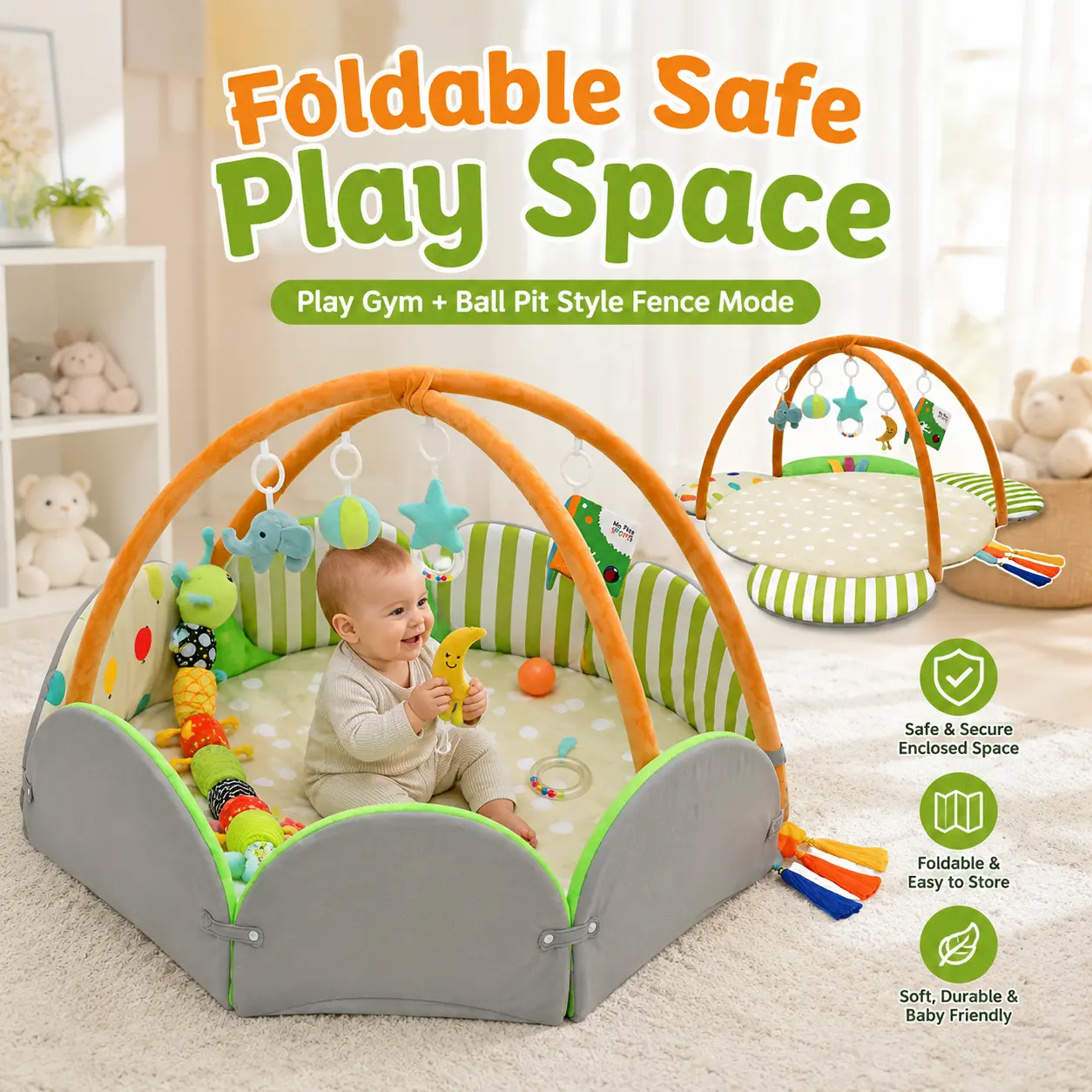 Kidmoze 5-in-1 Foldable Newborn Play Mat - Padded Nursery Development Mat, Sensory Playset, Tummy Time Activity Gym & Safe Playpen for Infants 0-12 Months