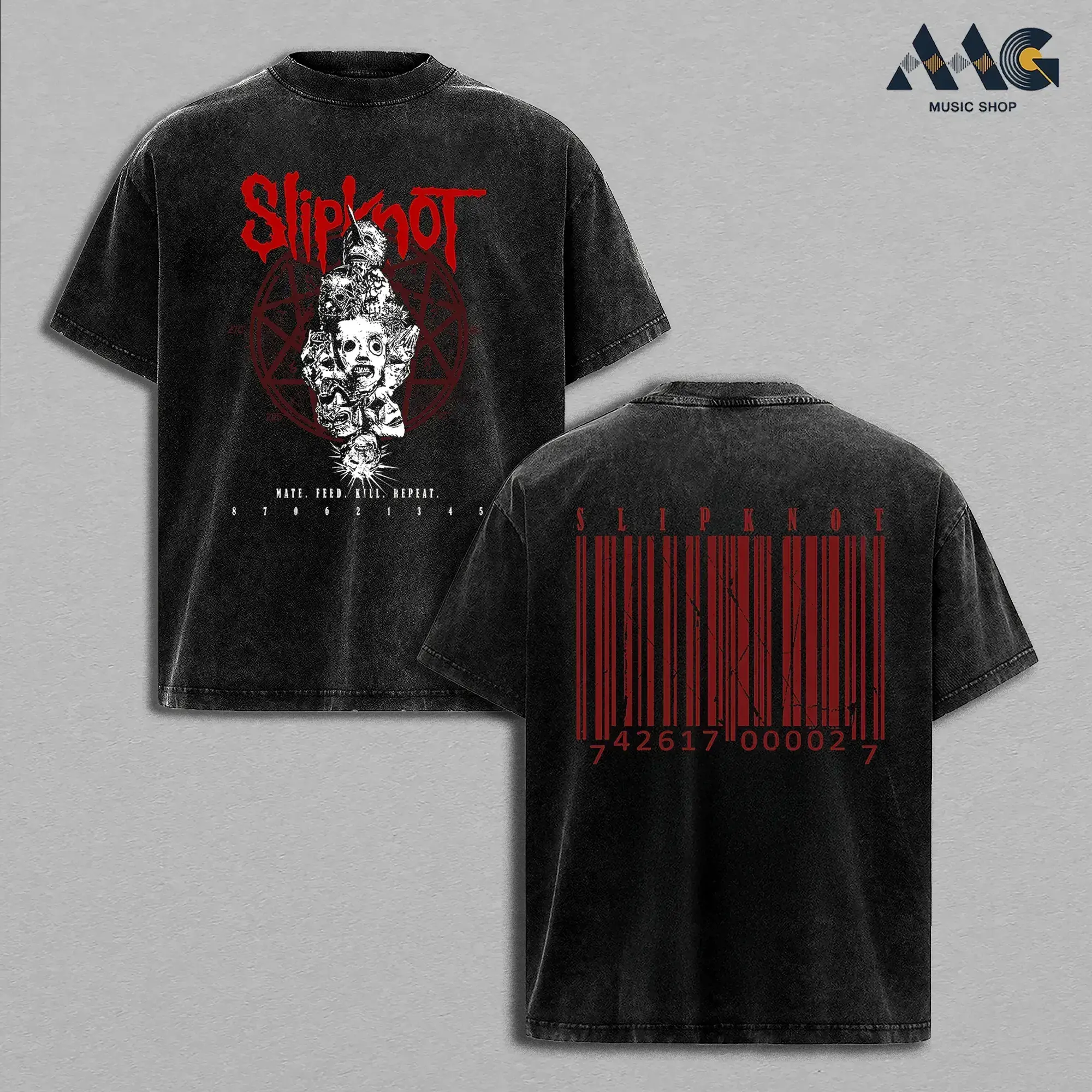 Slipknot Mate Feed Kill Repeat Oversized Graphic Tee Men Vintage Washed Clothes, Heavyweight Cotton Unisex Shirt Good Graphic Tees, Soft Unisex Top for Everyday Wear, Nu Metal Alternative Music Merch, Trendy T-shirt Top Men's and Women's Clothing