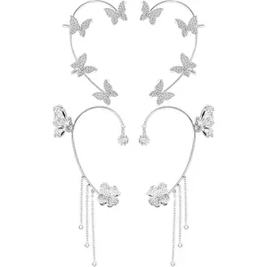 2 Pairs Dainty Silver Butterfly Ear Cuffs & Wraps for Women Non Piercing Bling Butterfly Tassel Style Zircon Earrings Ear Clips Bridal Wedding Jewelry