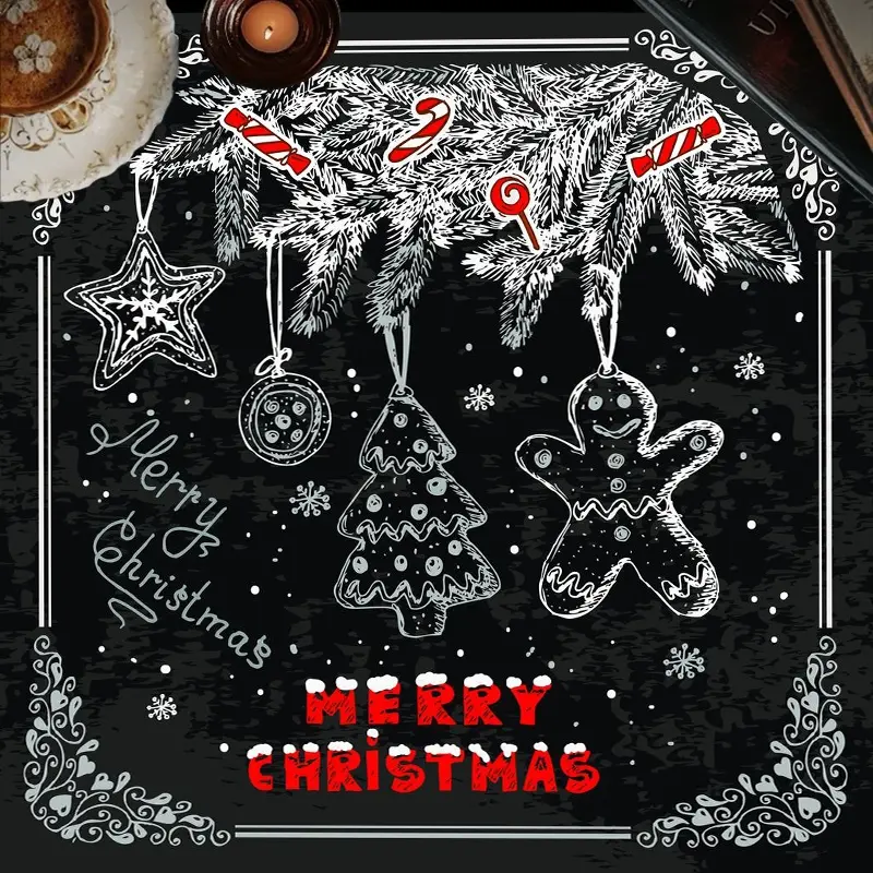 1pc Gothic Chalkboard Christmas Motifs Table Cover Dark Festive Decor and Edgy Winter Room Decoration, Soft Washable Fabric Tablecloth for Alternative Christmas Gatherings, Gothic Holiday Events and Home Use
