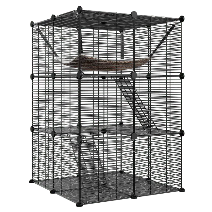 SuperDeal Pets 3-Tier Metal Frame Indoor Cat Cage - DIY Pet Playpen with 3 Doors, Metal Wire Kennel, Hammock, Enclosure for Indoor Use, Three Doors