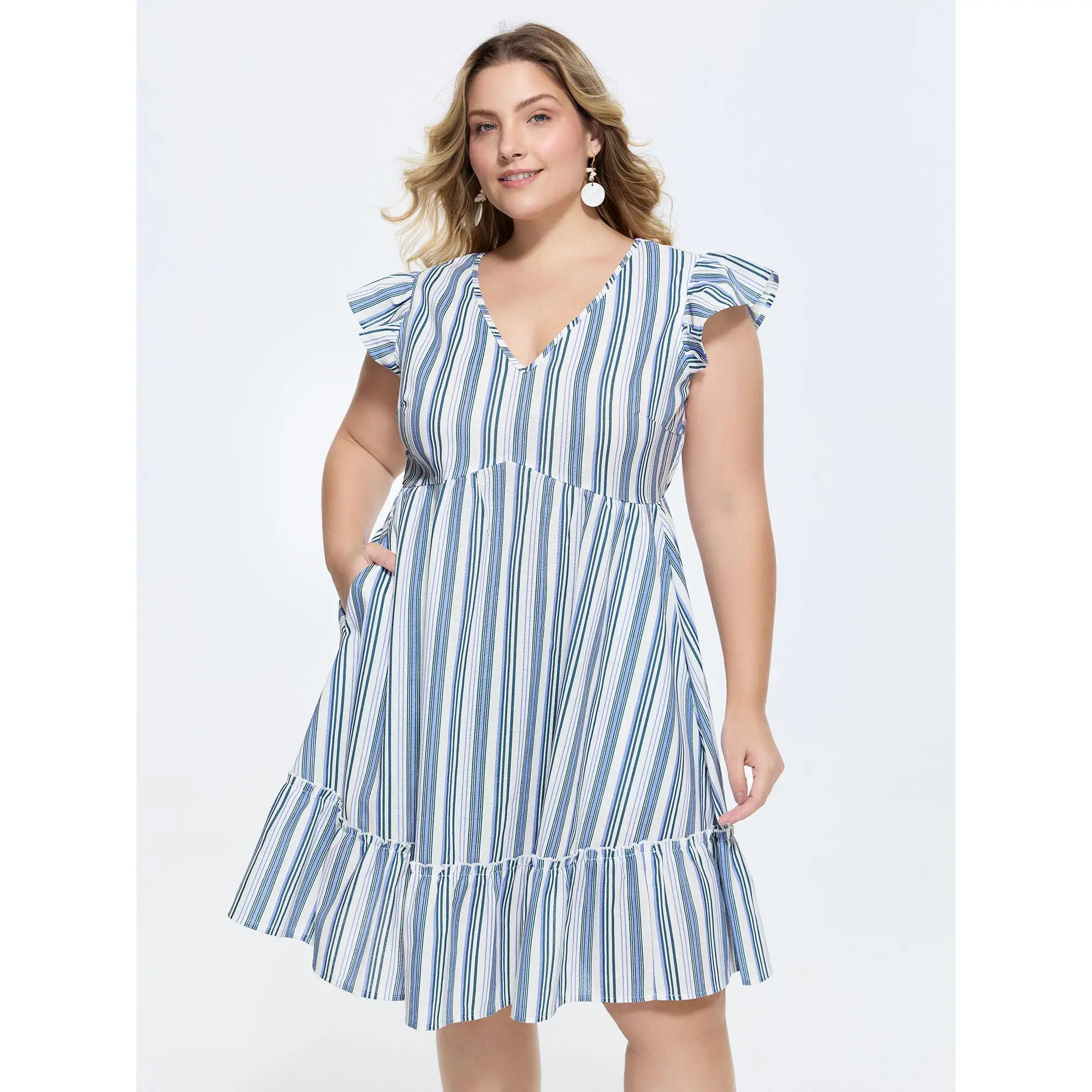 Women's Resort Maxi Dress, Breathable Striped Linen Blend with an Embroidered V-Neck for Everyday Casual Wear, Smooth, Cotton, Simple, Fabric, Cap Sleeve, Brunch Outfit Ideas, Pocket, Ruffled, Long Maxi, Resort Casual, Comfy, Plus Size Casual Dresses