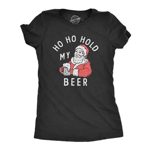 Womens Ho Ho Hold My Beer T Shirt Funny Xmas Drinking Party Santa Clause Tee for Ladies Funny Womens T Shirts Cute Vintage Fashion Casual Ladies T-Shirt Gift Christmas Tops for Women Funny Beer Top Women's Black -