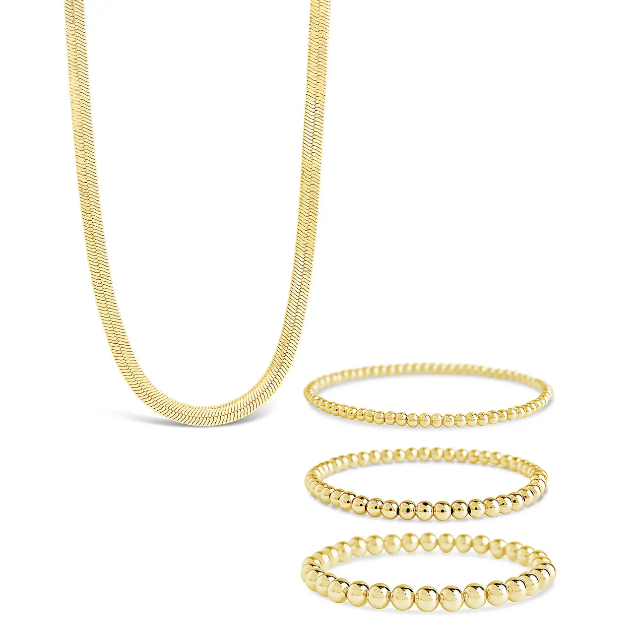 Sterling Forever Beaded Bracelets & Herringbone Chain Necklace Set - 14K Gold Plated & Hematite Bead Bracelet Trio with 18” Herringbone Necklace - Tarnish-Free Layered Jewelry Set.
