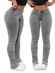 【Plus Size】 Solid Ruched Skinny High Waist Jeans, Casual Comfy Denim Pants for Daily Wear, Women's Bottoms for Summer